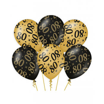6x stuks leeftijd verjaardag feest ballonnen 80 jaar geworden zwart/goud 30 cm - Ballonnen