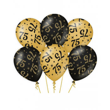 6x stuks leeftijd verjaardag feest ballonnen 75 jaar geworden zwart/goud 30 cm - Ballonnen