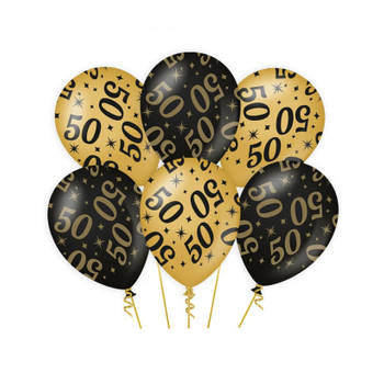 6x stuks leeftijd verjaardag feest ballonnen 50 jaar geworden zwart/goud 30 cm - Ballonnen