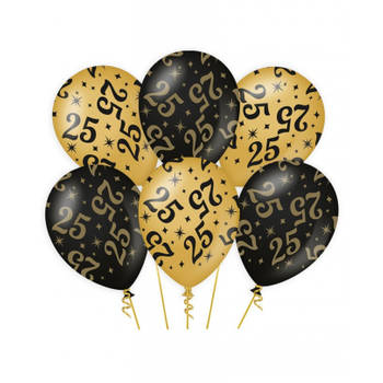 6x stuks leeftijd verjaardag feest ballonnen 25 jaar geworden zwart/goud 30 cm - Ballonnen