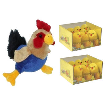 Pluche kippen/hanen knuffel van 20 cm met 12x stuks mini kuikentjes 5 cm - Feestdecoratievoorwerp