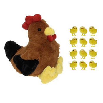 Pluche bruine kippen/hanen knuffel van 25 cm met 12x stuks mini kuikentjes 3,5 cm - Feestdecoratievoorwerp