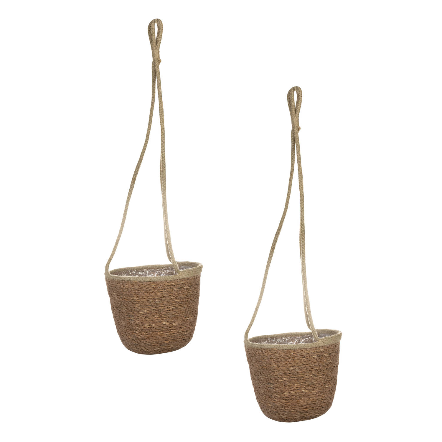 Set van 2x stuks hangende plantenpot/bloempot van jute/zeegras dia 19 cm en hoogte 17 cm camel bruin - Plantenpotten