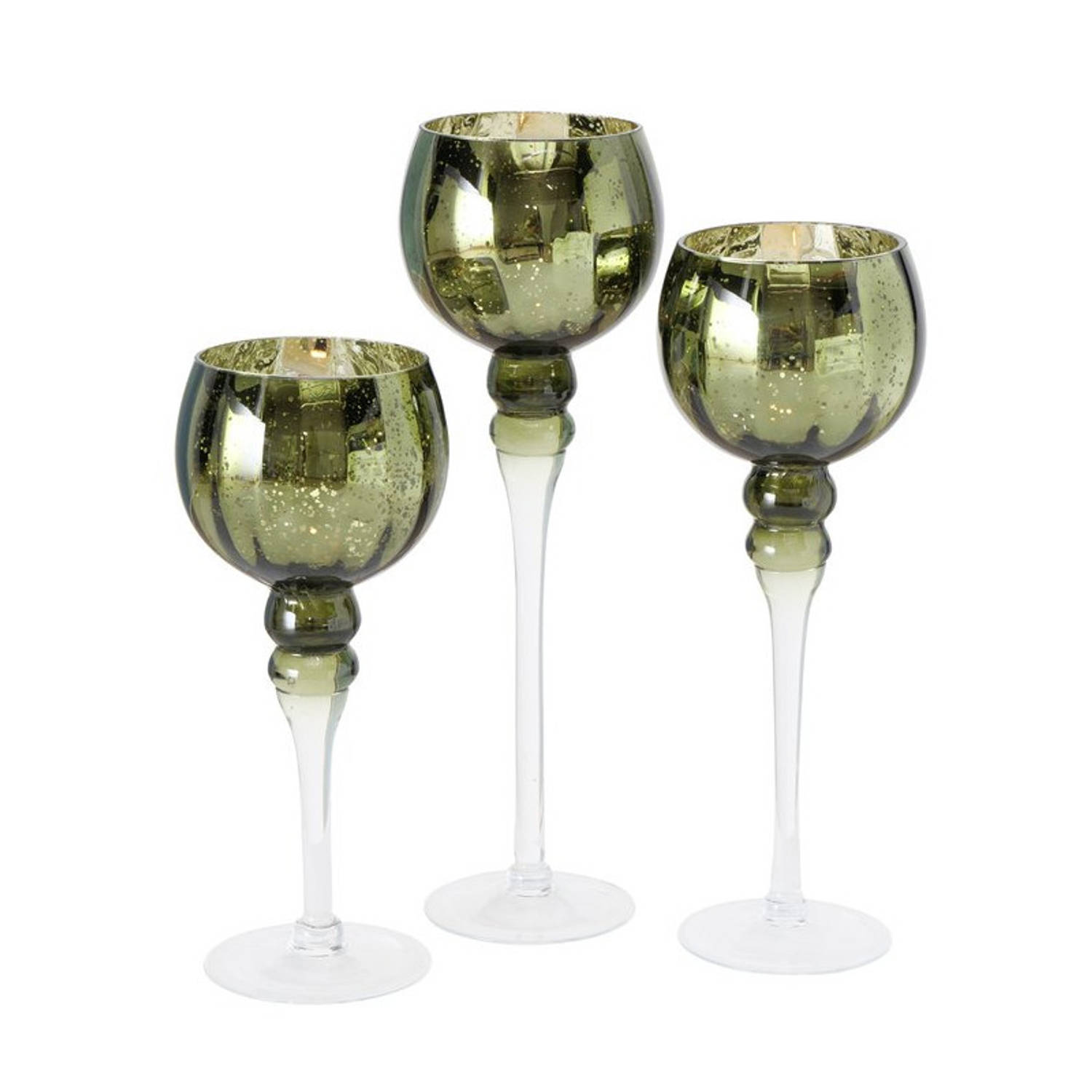 Luxe glazen design kaarsenhouders/windlichten set van 3x stuks metallic olijf groen 30-40 cm - Waxinelichtjeshouders
