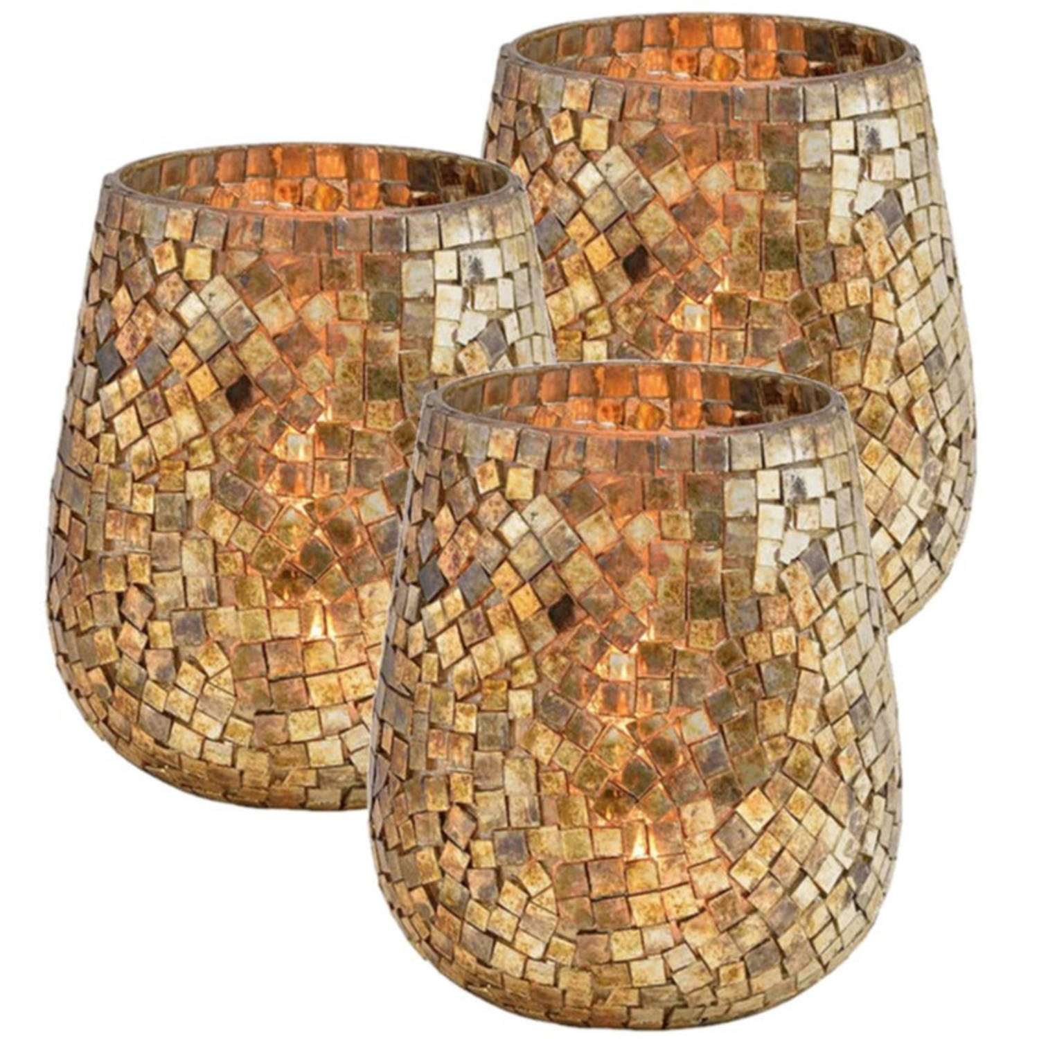 Set Van 3x Stuks Glazen Design Windlicht-kaarsenhouder Mozaiek Champagne Goud 15 X 13 Cm Waxinelicht