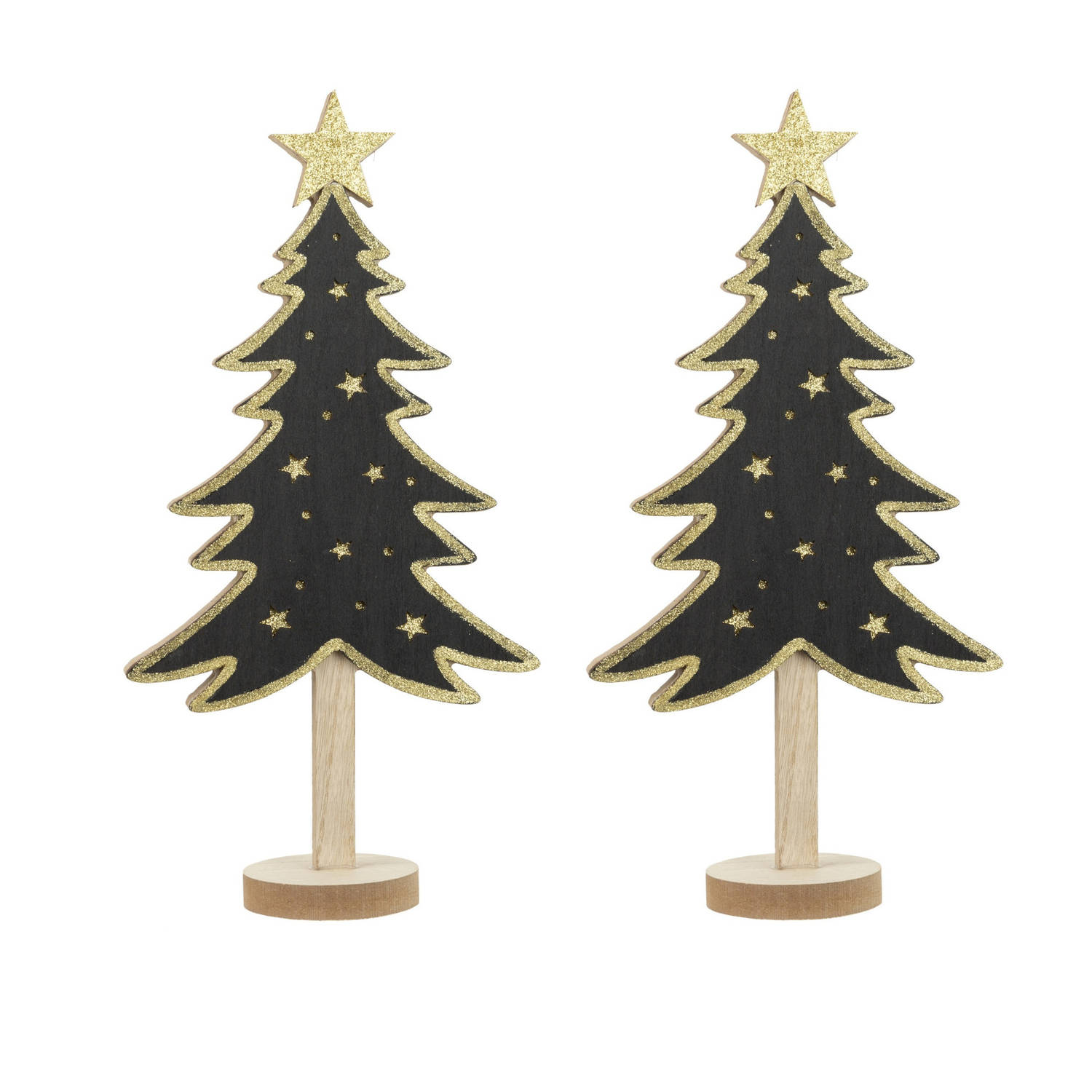 2x Stuks Kerstdecoratie Houten Decoratie Kerstboom Zwart Met Gouden Sterren B18 X H36 Cm Kunstkerstb