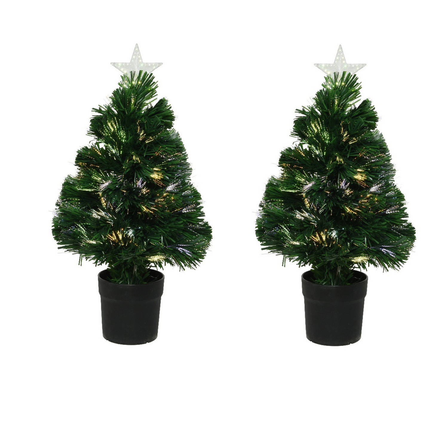 2x Stuks Fiber Optic Kerstboom-kunst Kerstboom Met Verlichting En Ster Piek 60 Cm Kunstkerstboom