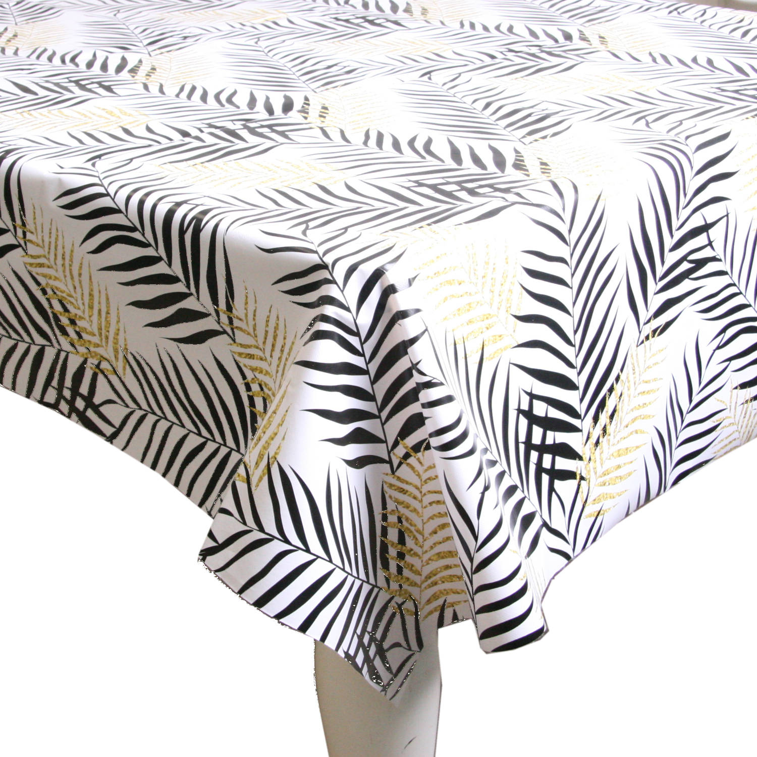 Hoe Picknicken Handvest Tafelzeil/tafelkleed wit met zwarte/gouden palmbladeren print 140 x 300 cm  - Tafelzeilen | Blokker