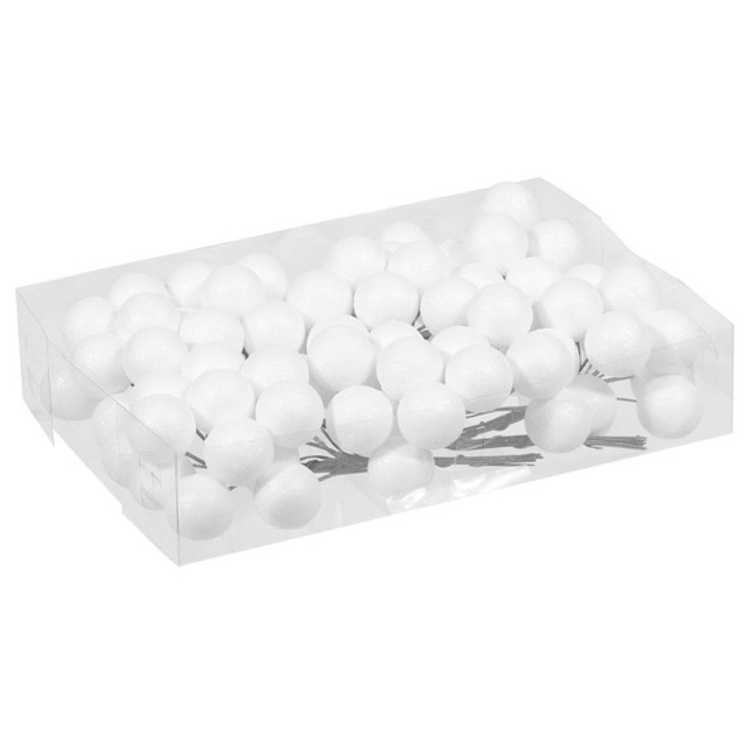 10x Bundeltjes met 8x witte glitter mini kerstballen stekers kunststof 3 cm - Kerststukjes