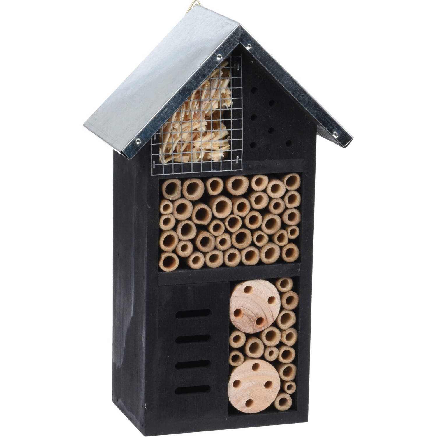 Vlinderhuis/bijenhuis/wespenhotel voor insecten 26 cm zwart met metalen dak - Tuindecoratie - Diervriendelijk - Lieveheersbeestjehuis