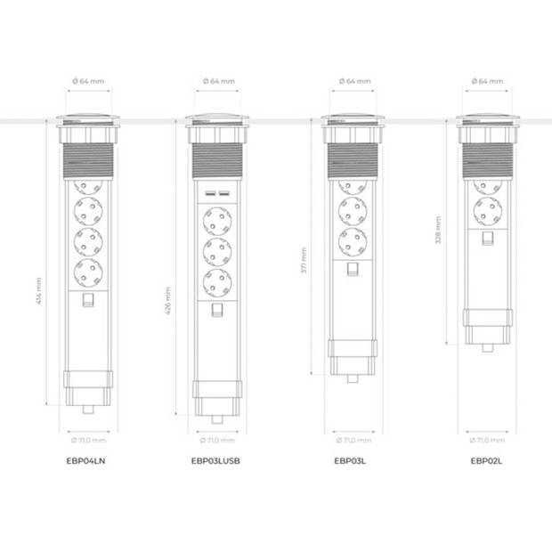 Perel stekkerblok Pop-Up 4-voudig 3680W 42 cm Schuko zwart