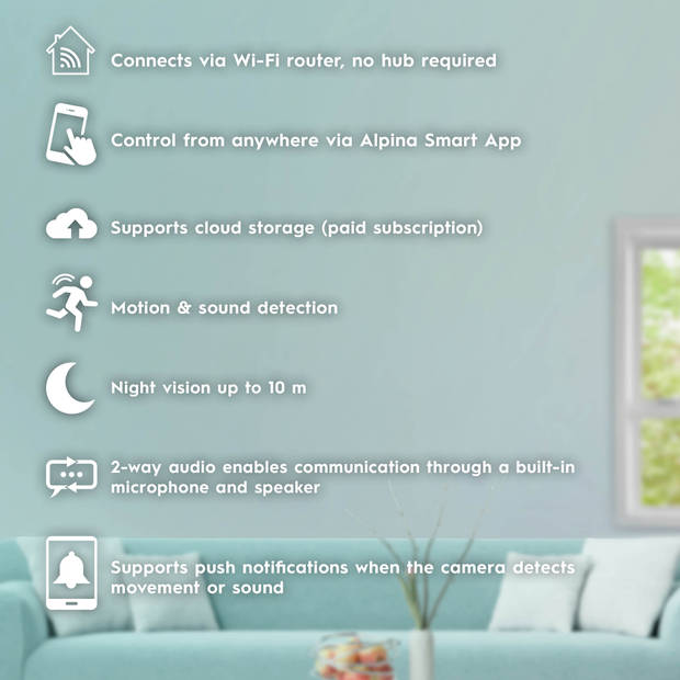 alpina Smart Home Wifi Camera - Full HD - Pan en Tilt - Bewakingscamera - Geluid- en Bewegingssensor - met App