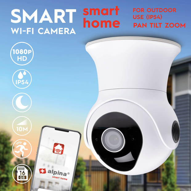 alpina Smart Home Wifi Camera - Bewakingscamera voor Buiten - Geluid- en Bewegingssensor - met App - Stof- en Waterdicht