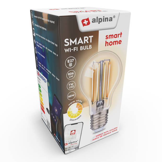 alpina Smart Home Wifi Lamp - E27 - 7W - Slimme Verlichting - LED - App besturing - Voice Control - Google Home - Alexa