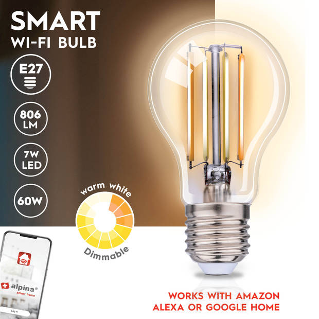 alpina Smart Home Wifi Lamp - E27 - 7W - Slimme Verlichting - LED - App besturing - Voice Control - Google Home - Alexa