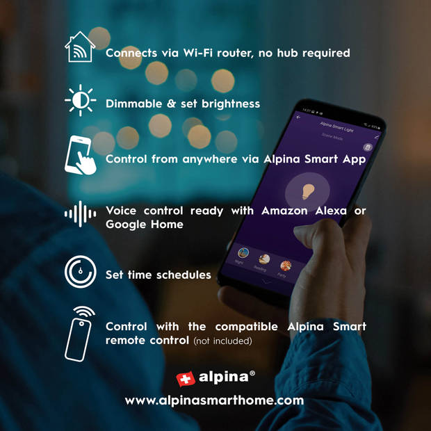 alpina Smart Home Wifi Lamp - E27 - Slimme Verlichting - LED - App besturing - Voice Control - Google Home - Alexa