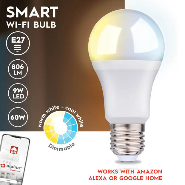 alpina Smart Home LED Lamp - E27 - Warm en Koud Wit Licht - Slimme verlichting - App Besturing