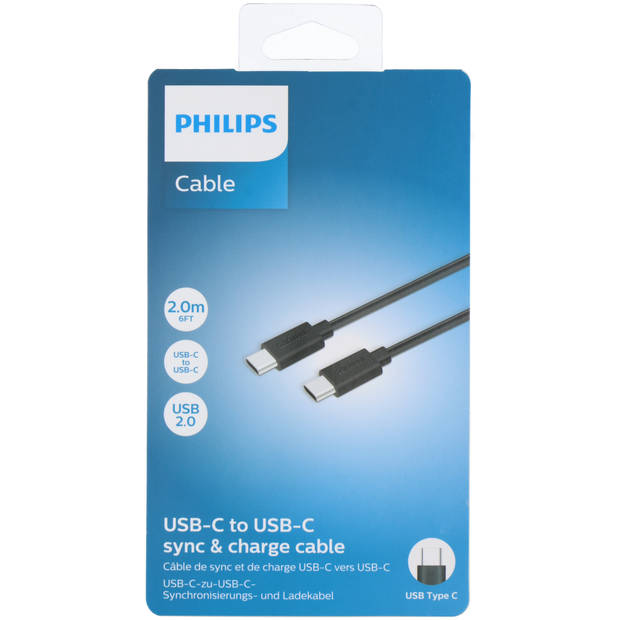 Philips - USB-C naar USB-C Kabel - DLC3106C/03 - 2 Meter Kabel - Reservekabel - Zwart
