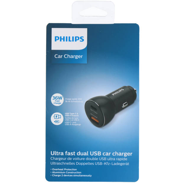 PHILIPS Autolader DLP2521/03 - USB-A en USB-C Output - Sigarettenaansteker - Snel Laden - Zwart