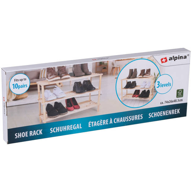 Alpina Schoenenrek - hout - 3-laags - 74 x 26 x 48 cm - schoenenbank - Schoenenrekken