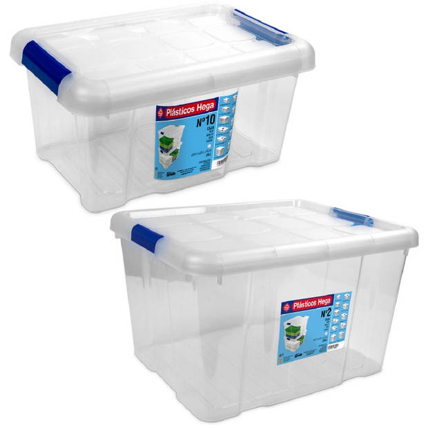 2x Opbergboxen/opbergdozen met deksel 5 en 25 liter kunststof transparant/blauw - Opbergbox