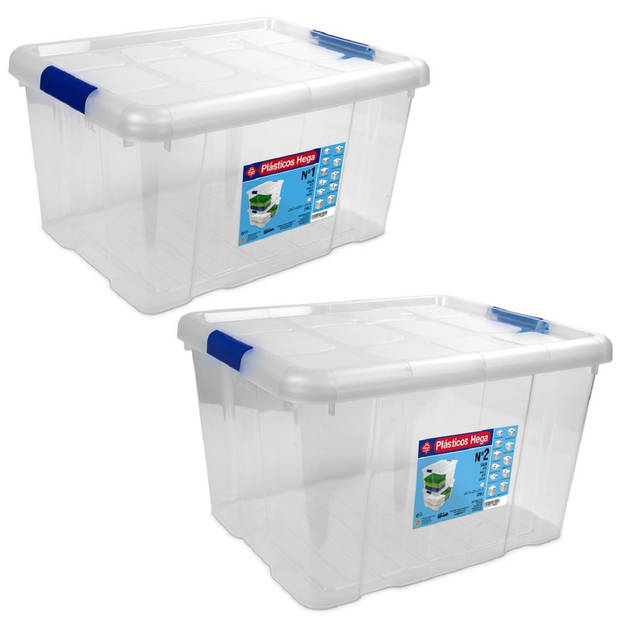 2x Opbergboxen/opbergdozen met deksel 16 en 25 liter kunststof transparant/blauw - Opbergbox