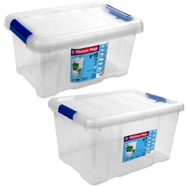 4x Opbergboxen/opbergdozen met deksel 5 en 16 liter kunststof transparant/blauw - Opbergbox