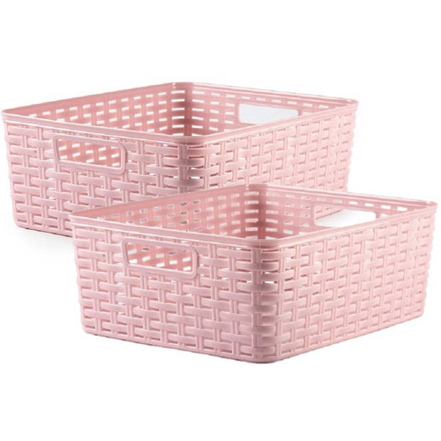 2x stuks rotan gevlochten opbergmand/opbergbox kunststof - Oud roze - 28 x 36 x 13.5 cm - Opbergbox