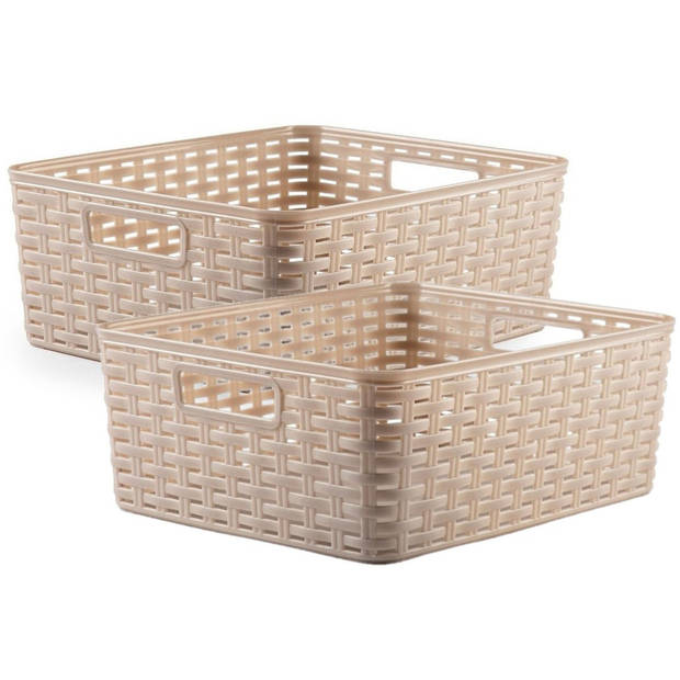 2x stuks rotan gevlochten opbergmand/opbergbox kunststof - Taupe - 28 x 36 x 13.5 cm - Opbergbox