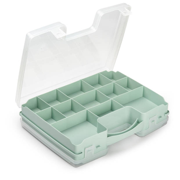 Forte Plastics - 2x Opberg vakjes doos/Sorteerbox - 21-vaks kunststof - 28 x 21 x 6 cm - zwart/groen - Opbergbox