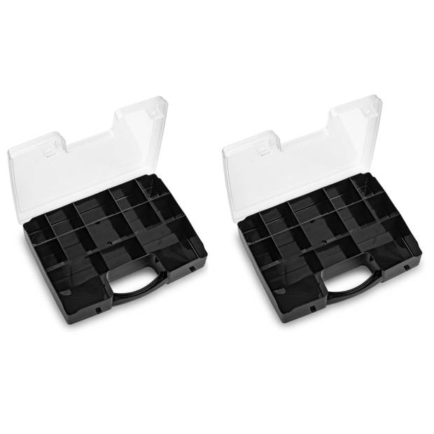 Opbergkoffertje/opbergdoos/sorteerbox 13-vaks kunststof zwart 27 x 20 x 3 cm - Opbergbox