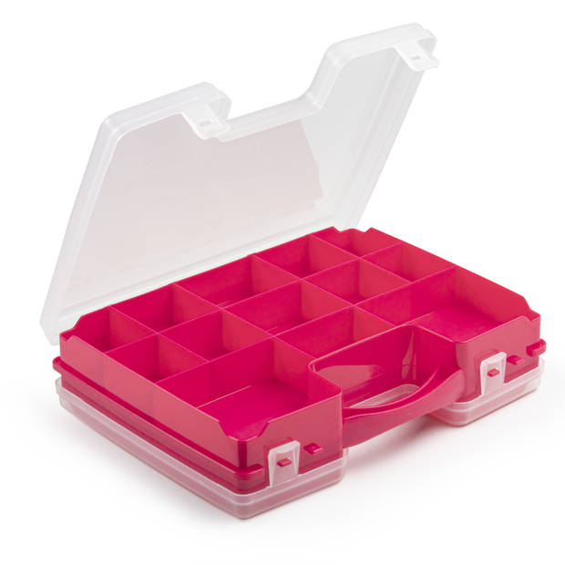 Forte Plastics - 2x Opberg vakjes doos/Sorteerbox - 21-vaks kunststof - 28 x 21 x 6 cm - zwart/roze - Opbergbox