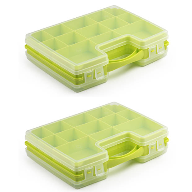 2x stuks opbergkoffertje/opbergdoos/sorteerboxen 22-vaks kunststof groen 28 x 21 x 6 cm - Opbergbox