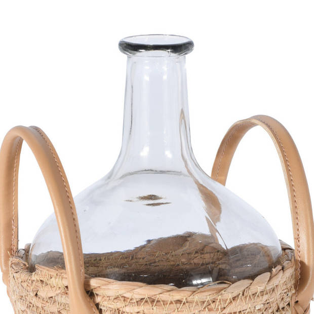 Flesvaas glas transparant met gevlochten rieten mand 18 x 27 cm - Vazen