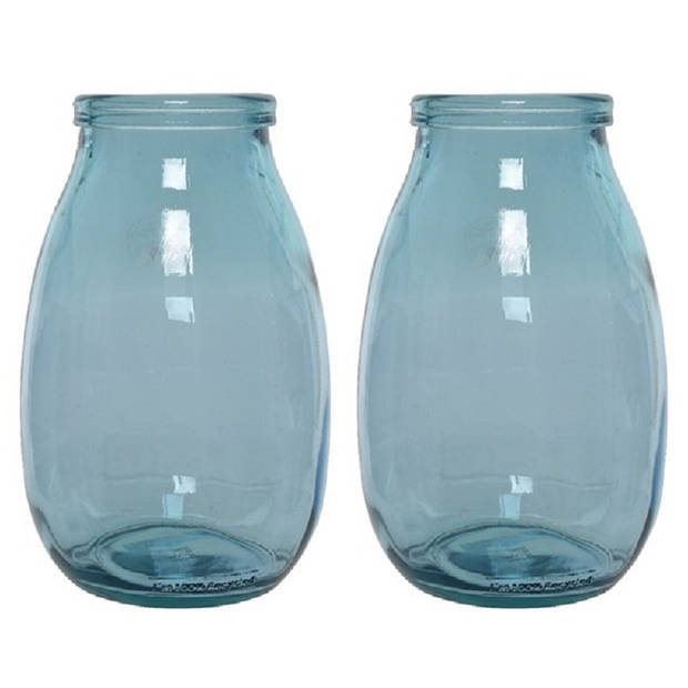 2x stuks blauwe vazen/bloemenvazen van gerecycled glas 18 x 28 cm - Vazen
