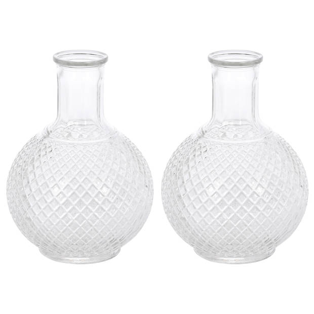 2x stuks flesvazen geruit glas transparant 13 x 19 cm - Vazen