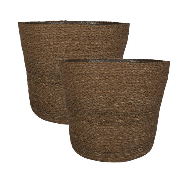 Set van 2x stuks plantenpot/bloempot van jute/zeegras diameter 26 cm en hoogte 23 cm camel bruin - Plantenpotten