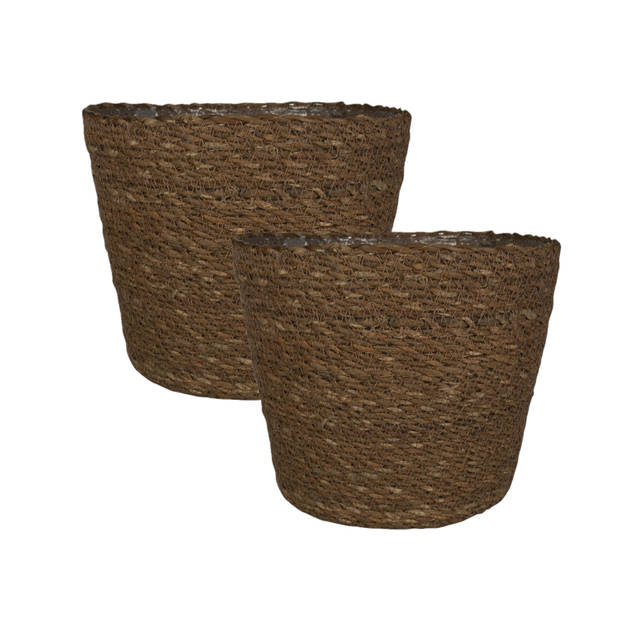 Set van 2x stuks plantenpot/bloempot van jute/zeegras diameter 18 cm en hoogte 16 cm camel bruin - Plantenpotten