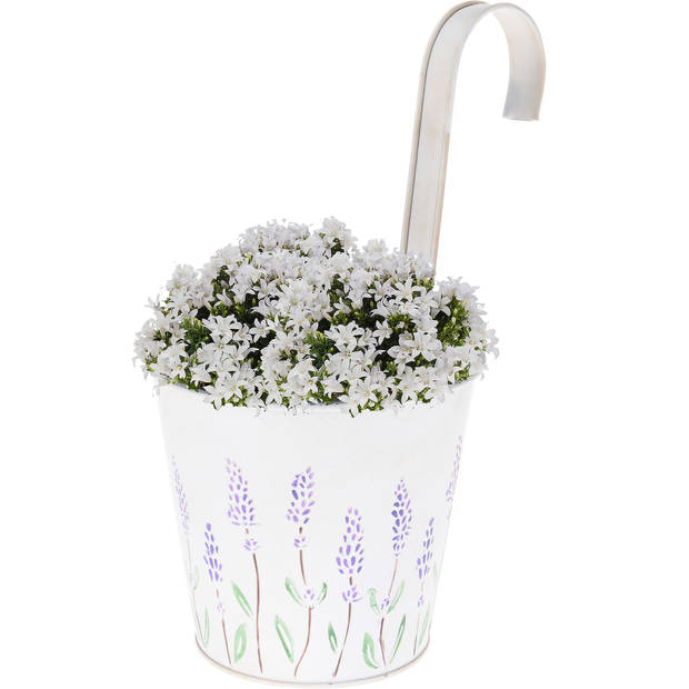 Bloempot/plantenbak zink met ophanghaak creme wit met lavendel 14 x 13 x 26 cm - Plantenpotten