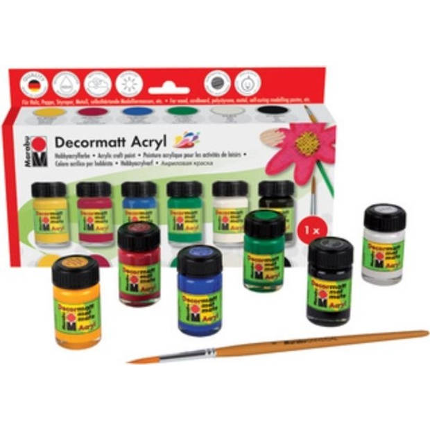 Marabu Starterkit Decormatt Acryl - 6x15ml middengeel , karmijnrood, middenblauw, sapgroen, wit en zwart