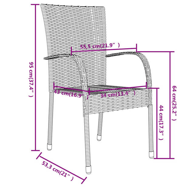 The Living Store Poly Rattan Tuinset - Grijs - 45 x 45 cm tafel - Stapelbare stoelen