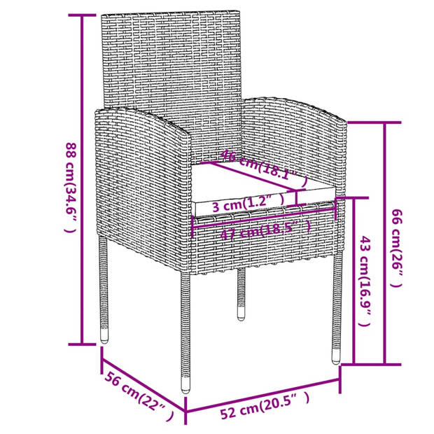 vidaXL 3-delige Tuinset poly rattan zwart