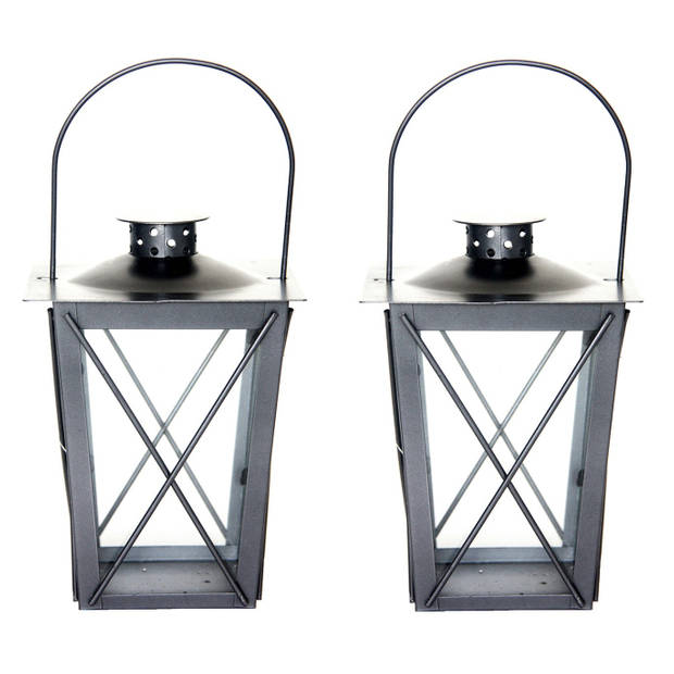 Set van 2x stuks zilveren tuin lantaarn/windlicht van ijzer 12 x 12 x 20 cm - Lantaarns