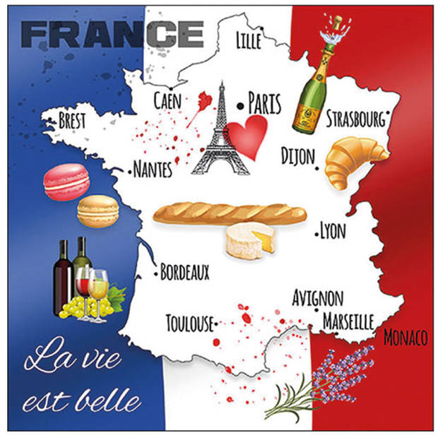 40x Tafel diner/lunch servetten 33 x 33 cm Frankrijk landen vlag thema print - Feestservetten