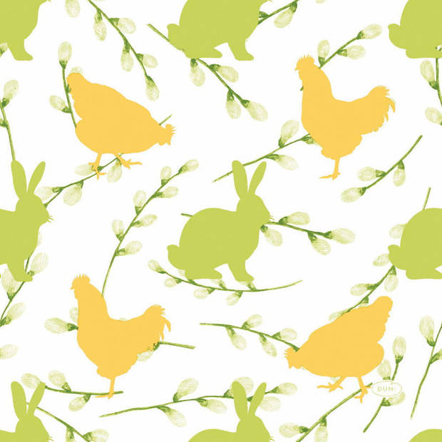 20x stuks paasdecoratie paaskonijnen en hanen servetten 33 x 33 cm geel / groen print - Feestservetten