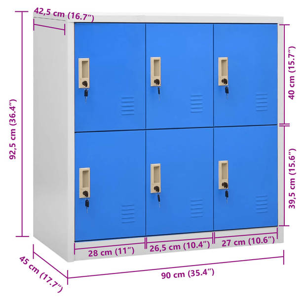 vidaXL Lockerkast 90x45x92,5 cm staal lichtgrijs en blauw