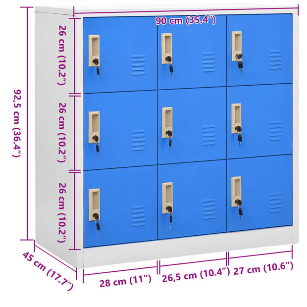 vidaXL Lockerkast 90x45x92,5 cm staal lichtgrijs en blauw