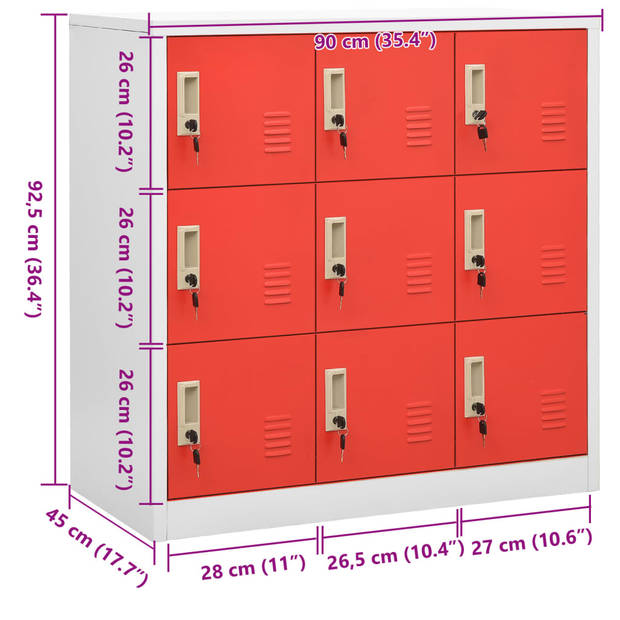 vidaXL Lockerkast 90x45x92,5 cm staal lichtgrijs en rood