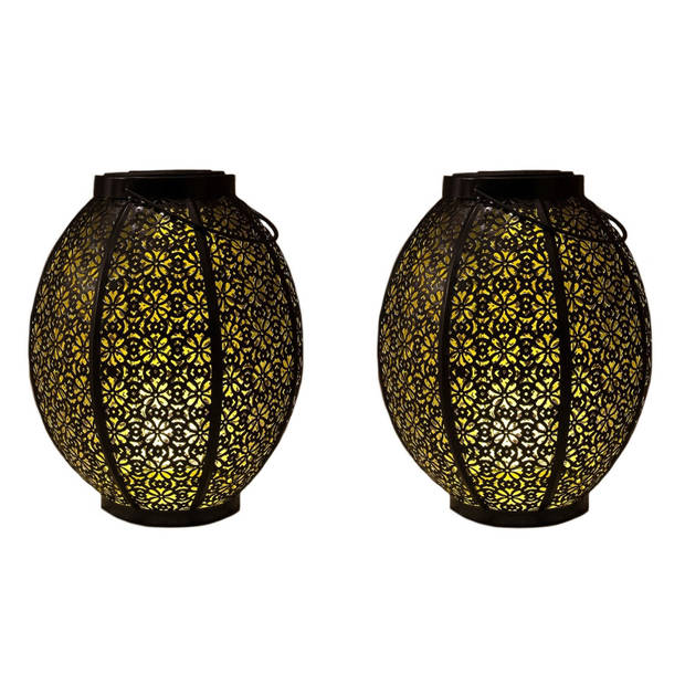 2x stuks tuindecoratie solar lantaarns lampen zwart/goud metaal 23 cm - Lantaarns