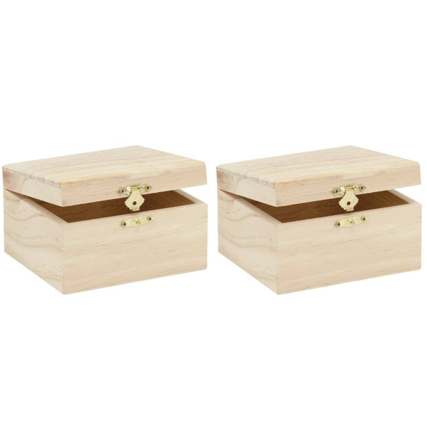 2x stuks klein houten kistje rechthoek 12.5 x 11.5 x 7.5 cm - Hobbydecoratieobject